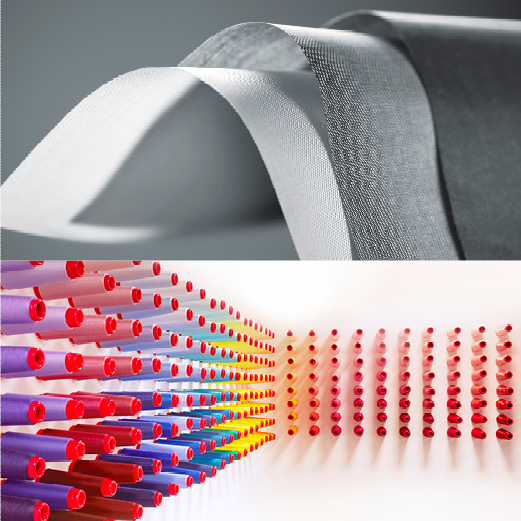 Composite image with two sections: the top shows curved layers of textured gray woven fabric; the bottom displays rows of colorful thread spools arranged in a gradient from purple and blue to yellow, orange, and red, with the spools decreasing in size toward the right.