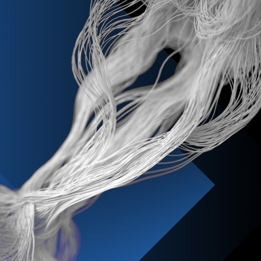 White, thread-like strands swirl over a dark blue and black geometric background.