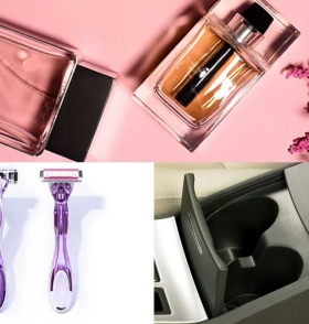 Collage of perfume, women's razor and vehicle cup holder