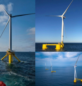 Collage of three images showing white offshore wind turbines on yellow, semi-submersible platforms in the blue ocean: a close-up of a turbine base, a single full turbine, and three turbines in a row.