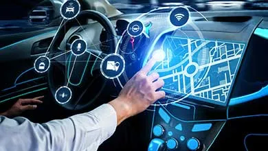 Hand touches glowing blue, futuristic dashboard interface displaying map and connected car icons.