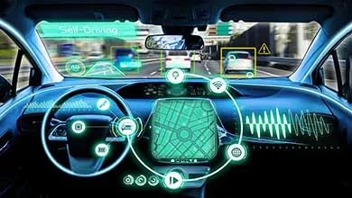 Interior of an autonomous vehicle featuring a futuristic augmented reality dashboard. The holographic display shows a central navigation map with circular control icons, a "Self Driving" status in the upper left, yellow bounding boxes highlighting vehicles ahead, warning symbols, and audio waveforms on the right, all in glowing teal and blue over the steering wheel and windshield view.
