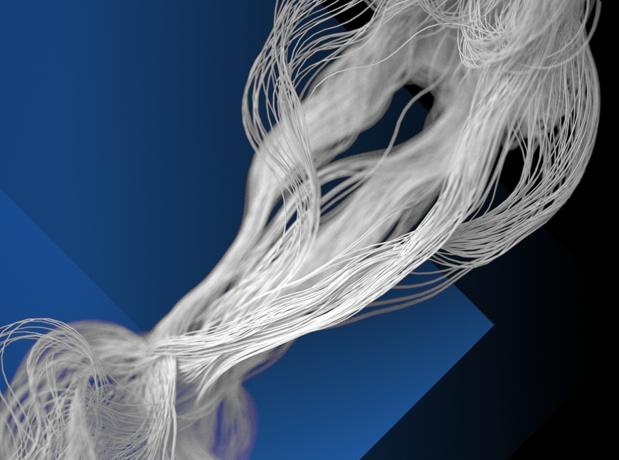 White, thread-like strands swirl over a dark blue and black geometric background.