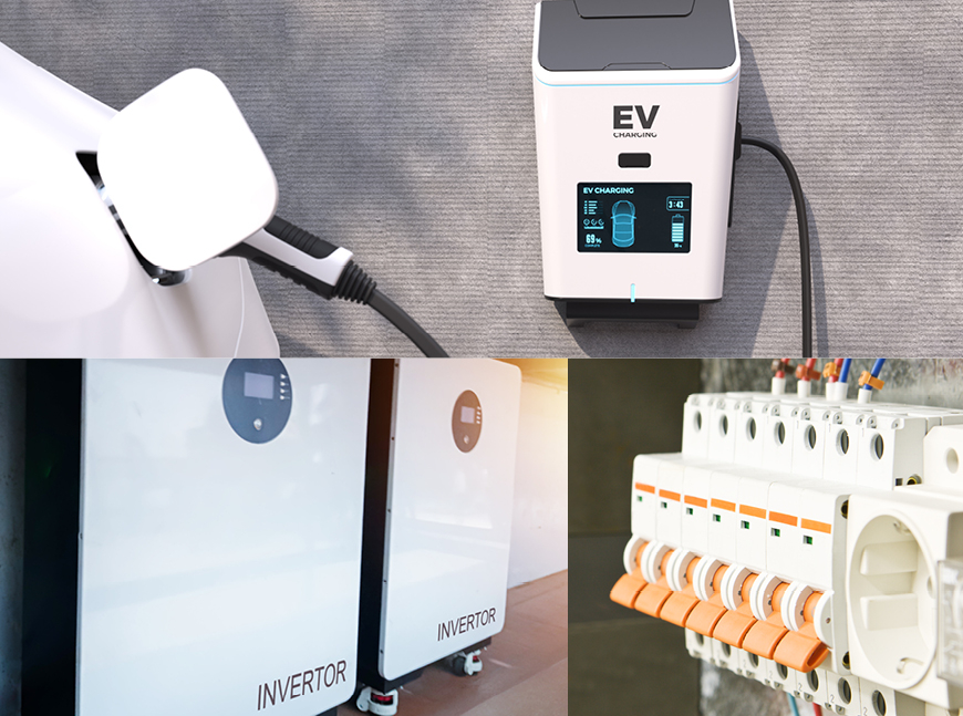 Collage of three images: an electric car charging at a wall-mounted station, two large white inverter units, and a close-up of a circuit breaker panel.