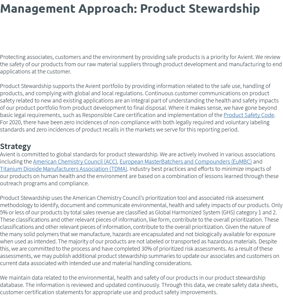 Management Approach: Product Stewardship   Protecting associates, customers and the environment by providing safe pro