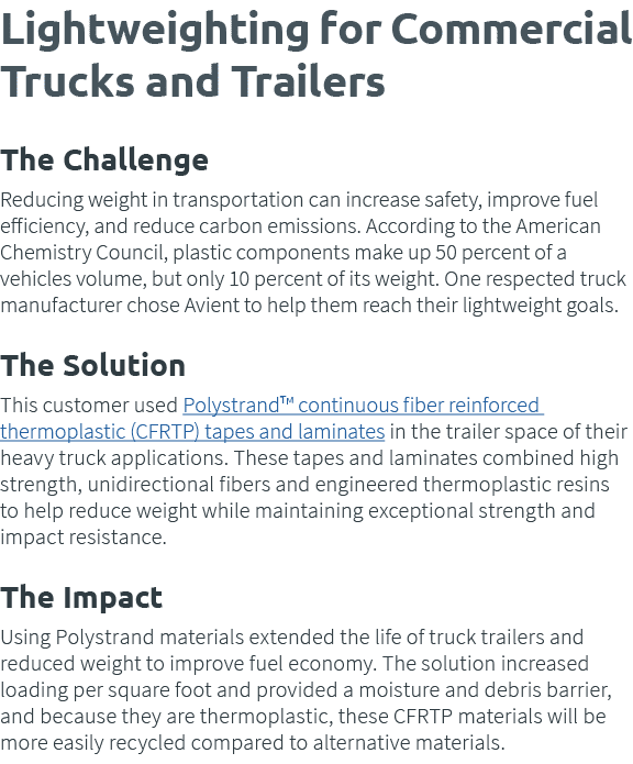 Lightweighting for Commercial Trucks and Trailers The Challenge Reducing weight in transportation can increase safety