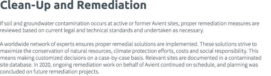 Clean-Up and Remediation  If soil and groundwater contamination occurs at active or former Avient sites, proper remed