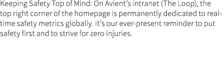 Keeping Safety Top of Mind: On Avient s intranet (The Loop), the top right corner of the homepage is permanently dedi