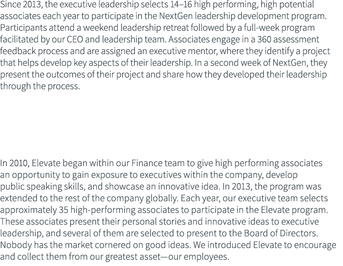 Since 2013, the executive leadership selects 14 16 high performing, high potential associates each year to participat