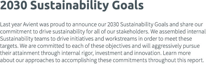 2030 Sustainability Goals  Last year Avient was proud to announce our 2030 Sustainability Goals and share our commitm