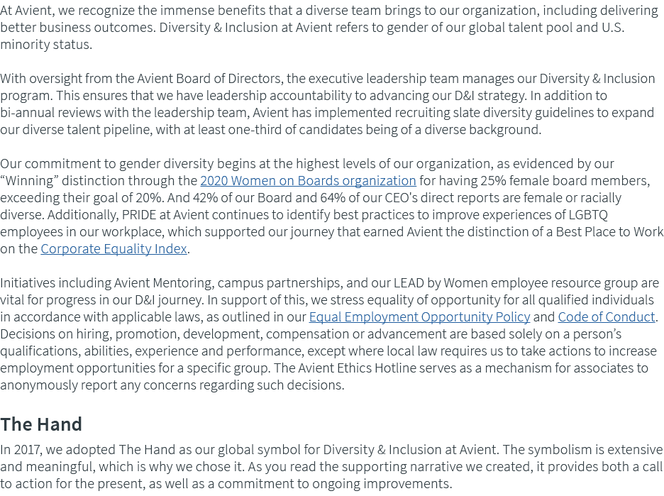 At Avient, we recognize the immense benefits that a diverse team brings to our organization, including delivering bet