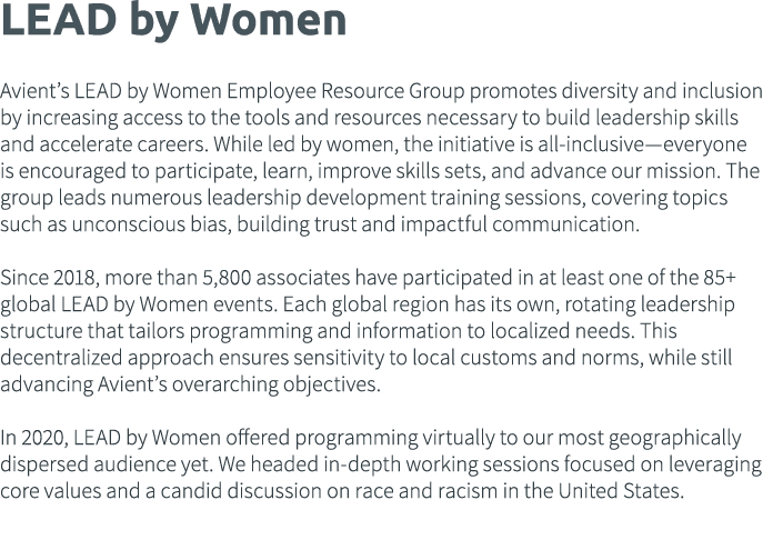 LEAD by Women  Avient s LEAD by Women Employee Resource Group promotes diversity and inclusion by increasing access t