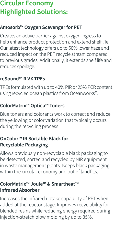 Circular Economy Highlighted Solutions:  Amosorb  Oxygen Scavenger for PET Creates an active barrier against oxygen i