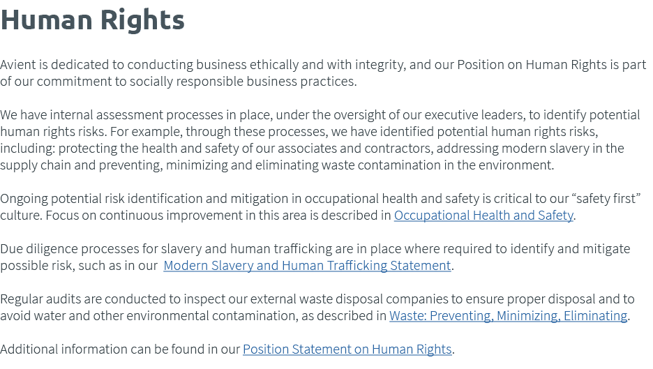 Human Rights Avient is dedicated to conducting business ethically and with integrity, and our Position on Human Right