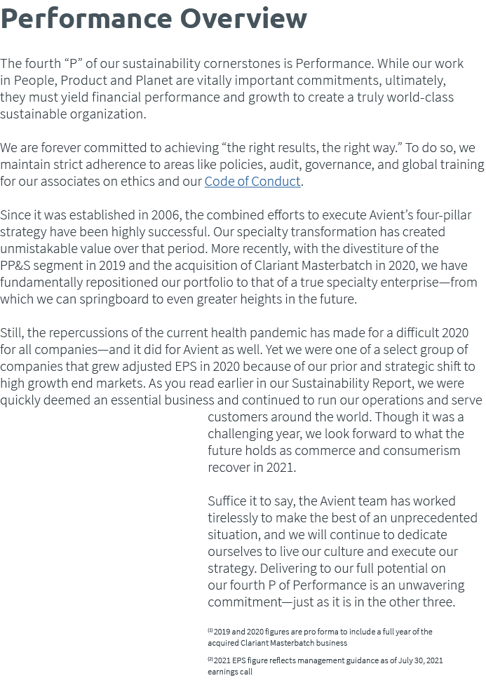 Performance Overview The fourth  P  of our sustainability cornerstones is Performance  While our work in People, Prod