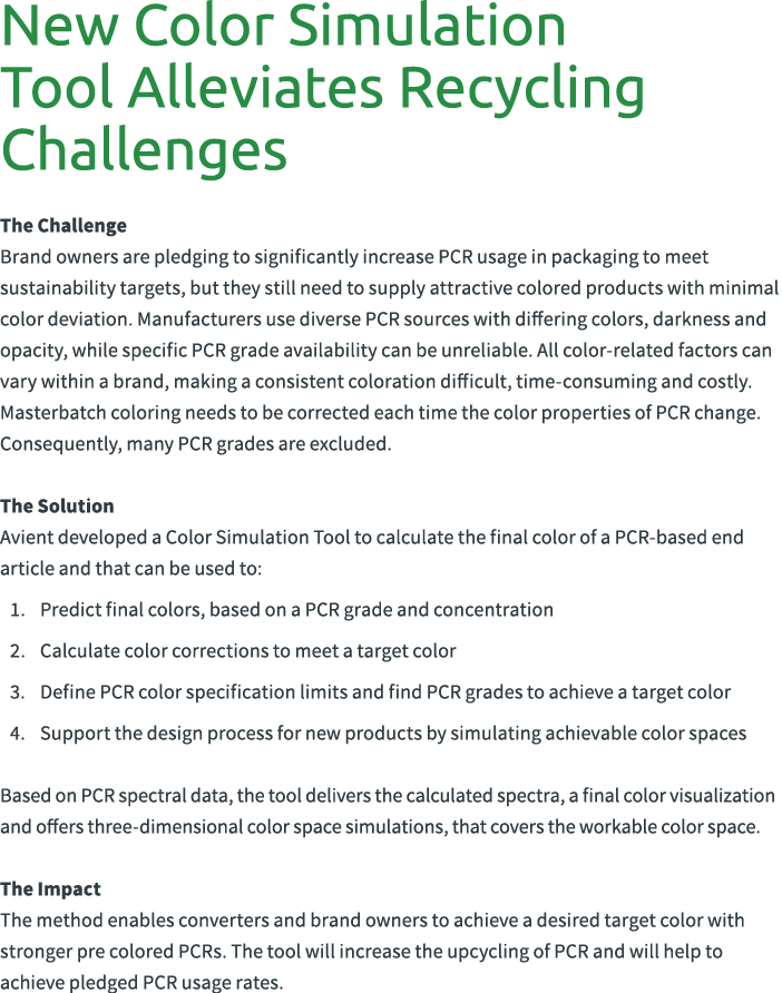 New Color Simulation Tool Alleviates Recycling Challenges The Challenge Brand owners are pledging to significantly i...