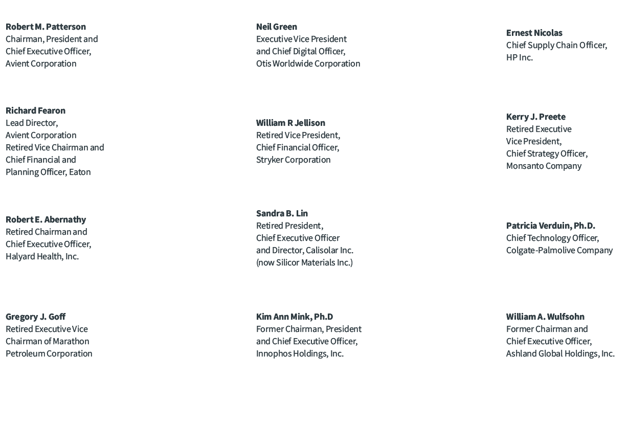 Robert M. Patterson Chairman, President and Chief Executive Officer, Avient Corporation,,Neil Green Executive Vice Pr...