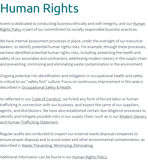 Human Rights Avient is dedicated to conducting business ethically and with integrity, and our Human Rights Policy is ...